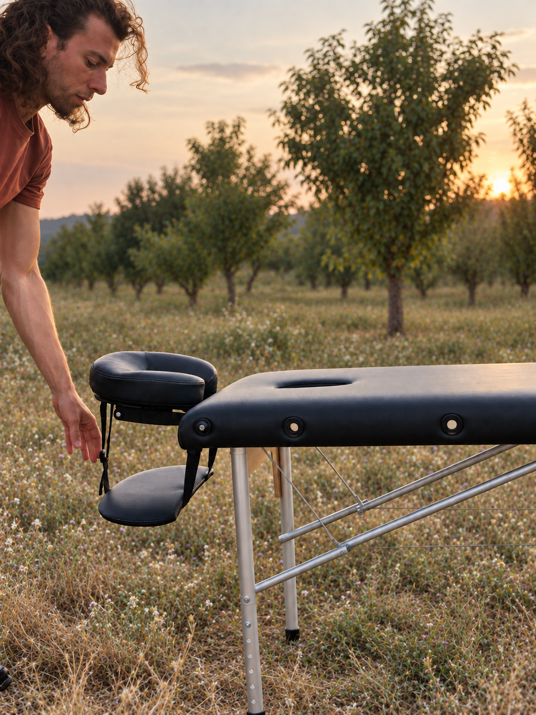 Alexis installe une table de soin en pleine nature